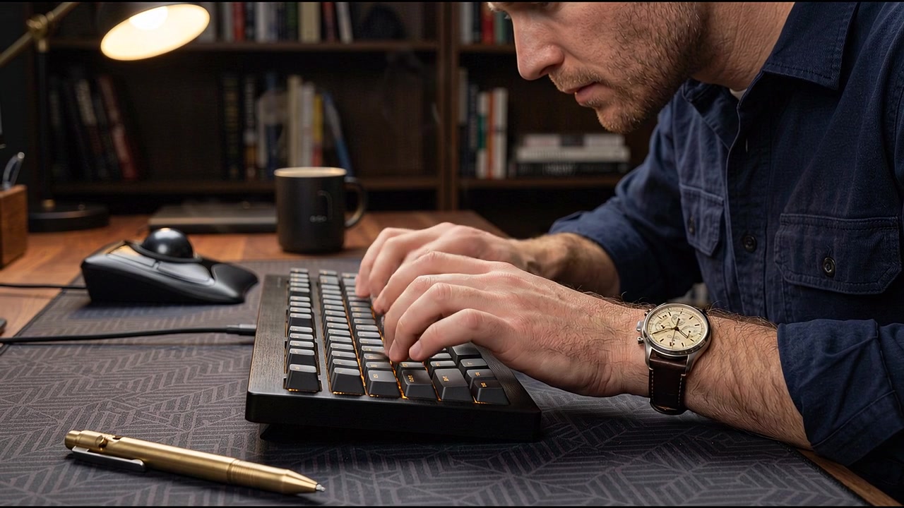 Utente che digita sulla tastiera accanto al laptop mentre lavora a un progetto digitale.