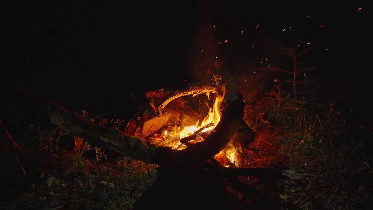 Nighttime campfire glows warmly, sparks dancing in the dark forest