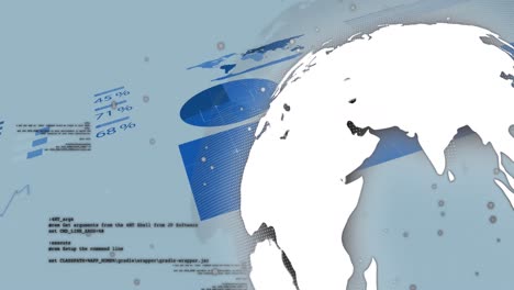 animation of white spots and spinning globe over statistical data processing on white background