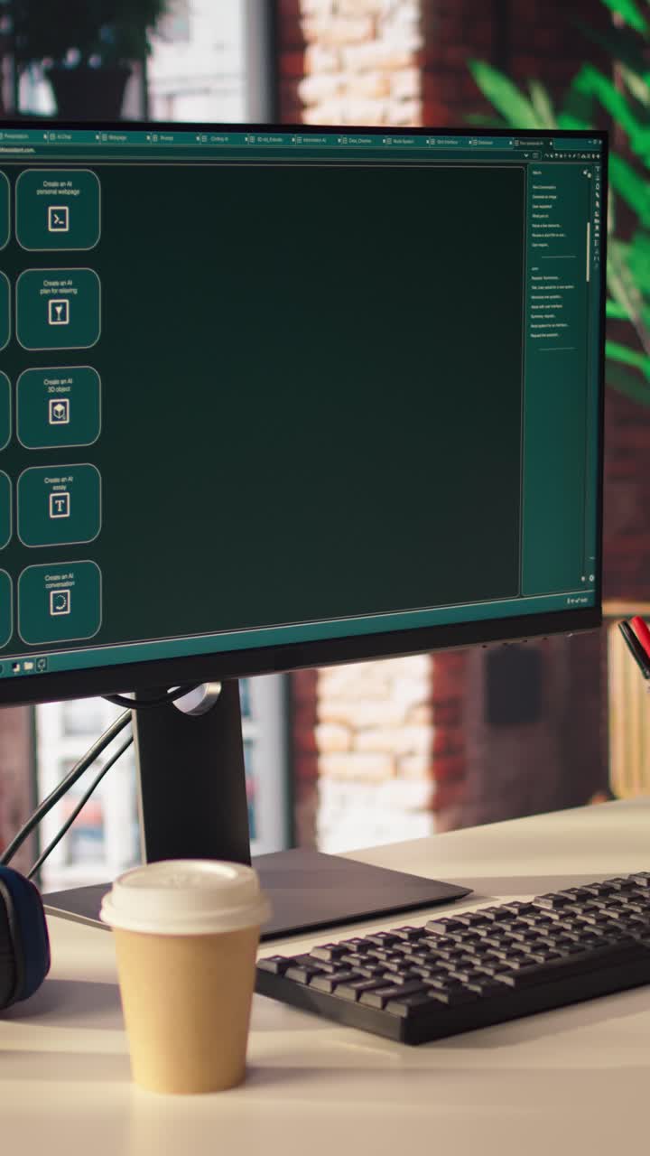 Vertical video PC in professional IT development home office with AI LLM chatbot answering user