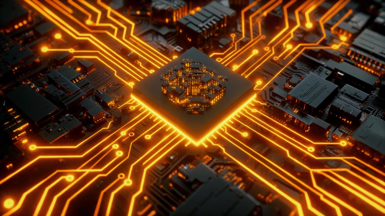 Futuristiskt datorprocessorchip med glödande orange datakretsar