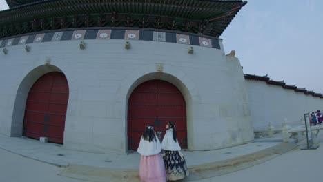 seoul palace korean traditional national heritage building construction in the city town urban street wide angle view entrance