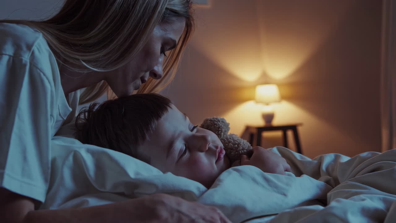 Mother gently kissing her sleeping son goodnight