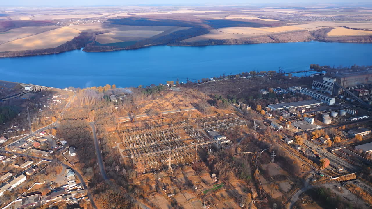 Aerial view of autumn season landscapes. Drone view of tree forest and lake.