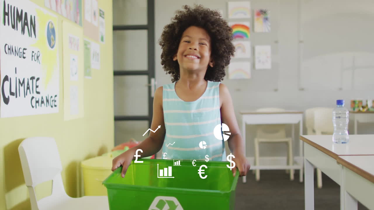 Boy standing behind recycling bin in classroom featuring animated Earth icon and recycling chart