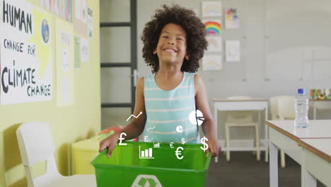 boy standing behind recycling bin in classroom featuring animated earth icon and recycling chart