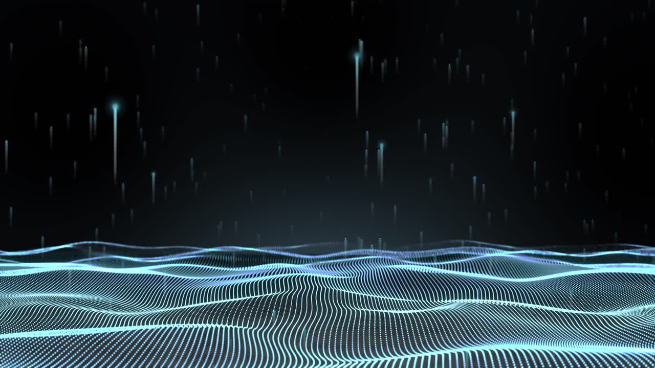 Animation of glowing blue mesh of connections waving on black background