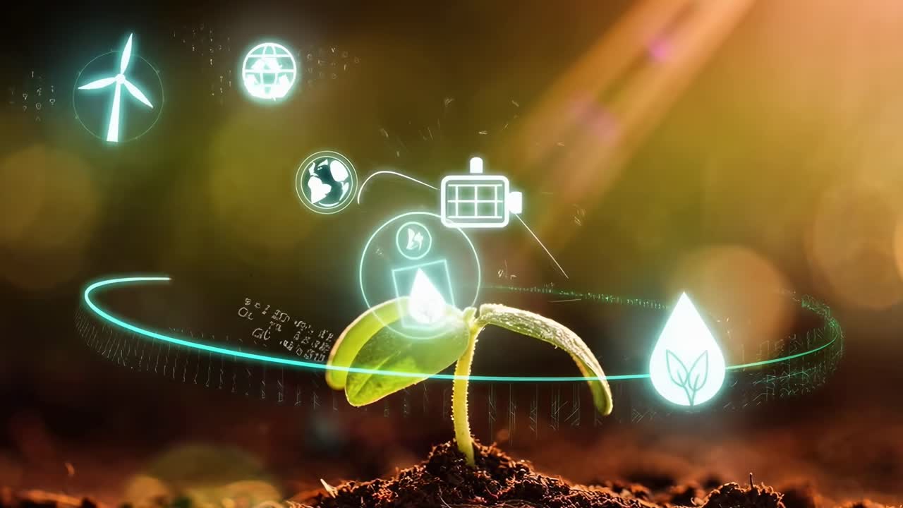 Close-up of a seedling with eco icons, shot from a low angle, in a nature-themed video, Live desktop