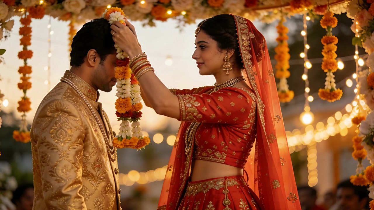 Bruden løfter og placerer en guirlande om gommens hals ved en mandap til bryllup, rød lehenga, guld sherwani