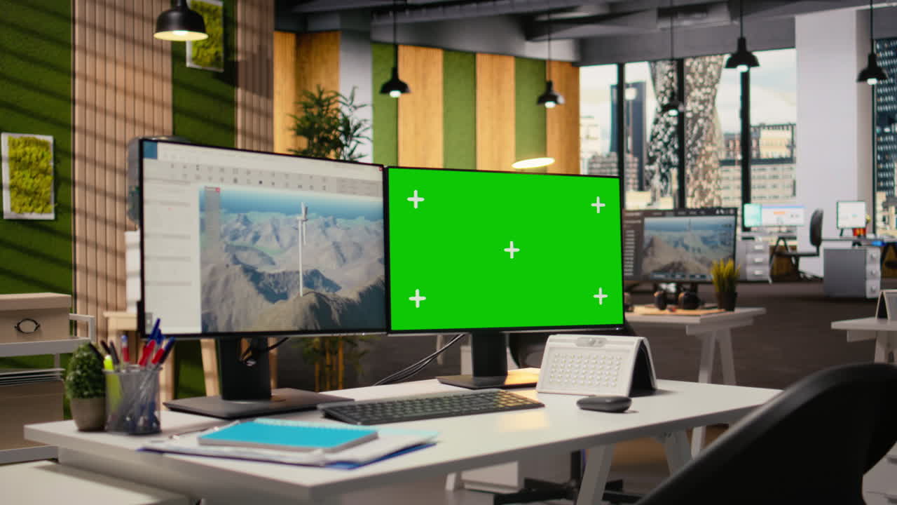 Simulazione di turbina eolica su PC mockup con schermo verde in ufficio R&S