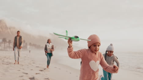 airplane, family or children at beach playing
