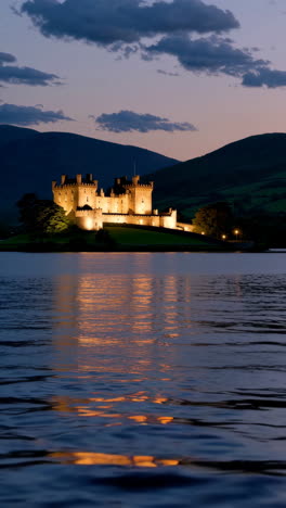 illuminated castle on a lake at twilight