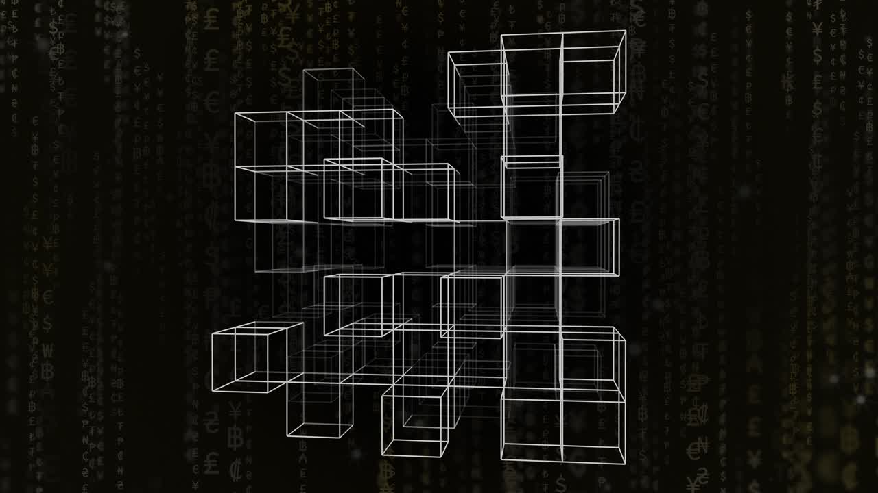 Floating cubes over background of global currency symbols