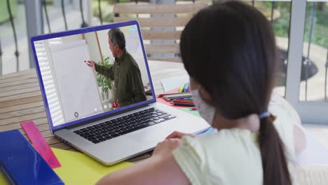 Caucasian-schoolgirl-in-face-mask-using-laptop-on-video-call-with-male-teacher