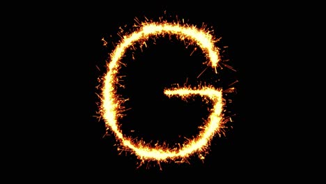 alphabet g text sparkler writing with glitter sparks particles firework on black 4k loop background