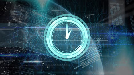 Animation of neon ticking clock over blue digital waves and interface with data processing