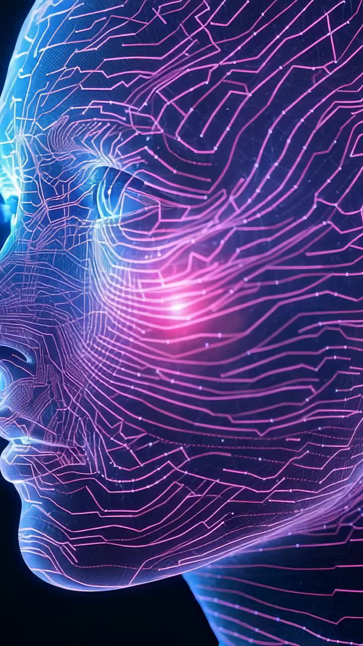 Vertical video: Opening digital head tracing neon circuits in dark void, with pulsing neon lights
