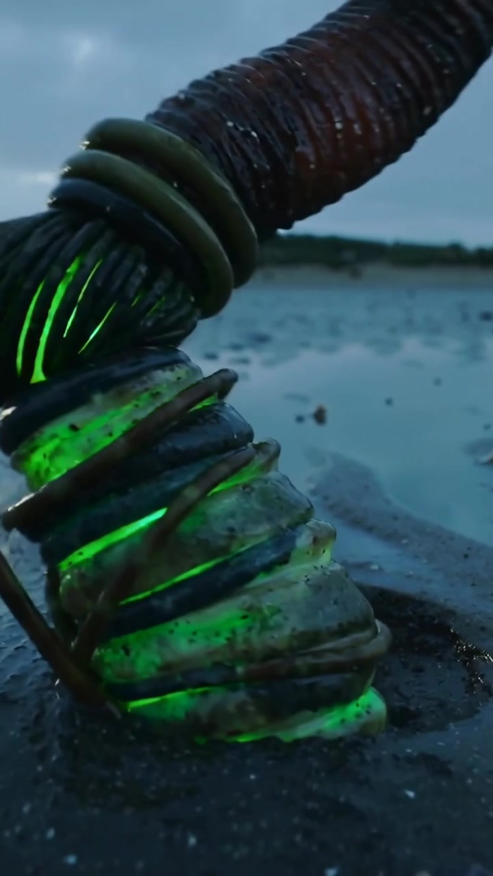 Video verticale: Un arto gigante che si muove spingendo una capsula luminosa nella sabbia della marea verso la riva, con corde.