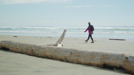 female backpack traveler walks by driftwood trunk on beach slomo