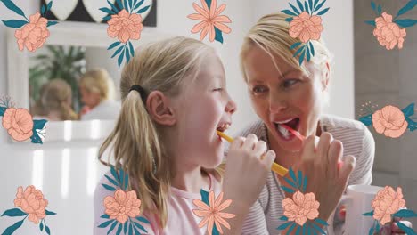 animación de flores sobre madre y hija caucásicas felices cepillándose los dientes