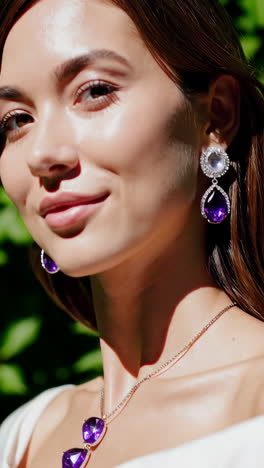 close-up portrait of a woman adorned with elegant purple stone jewelry