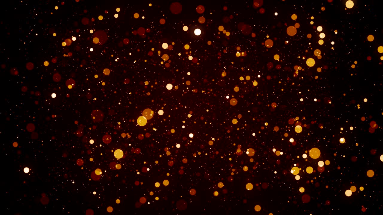 Loop di sfondo cinematografico con particelle di polvere, bokeh di luce astratto e titoli in movimento.