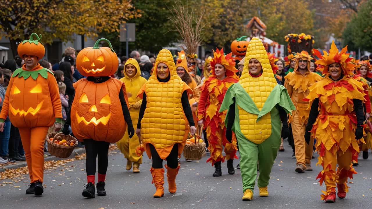 People dressed in pumpkin and corn costumes at a fall parade