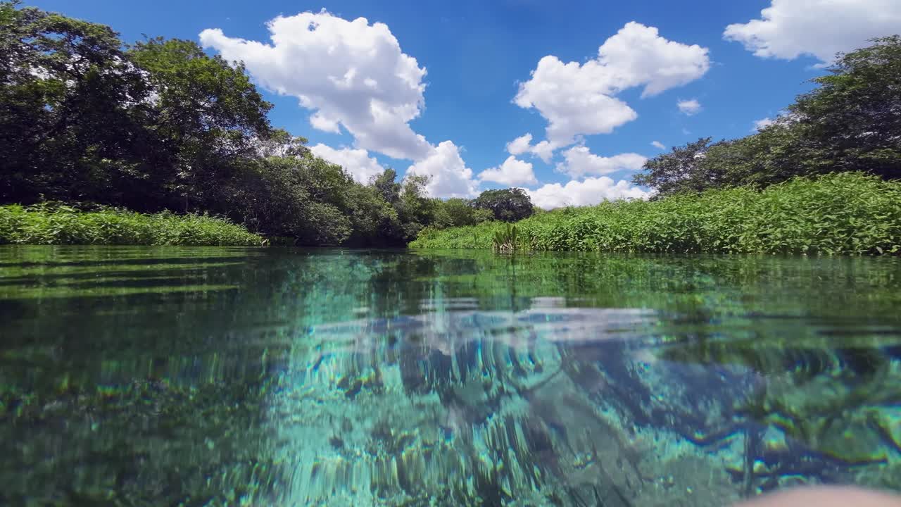 Low angle water surface POV, floating down clear Sucuri River current
