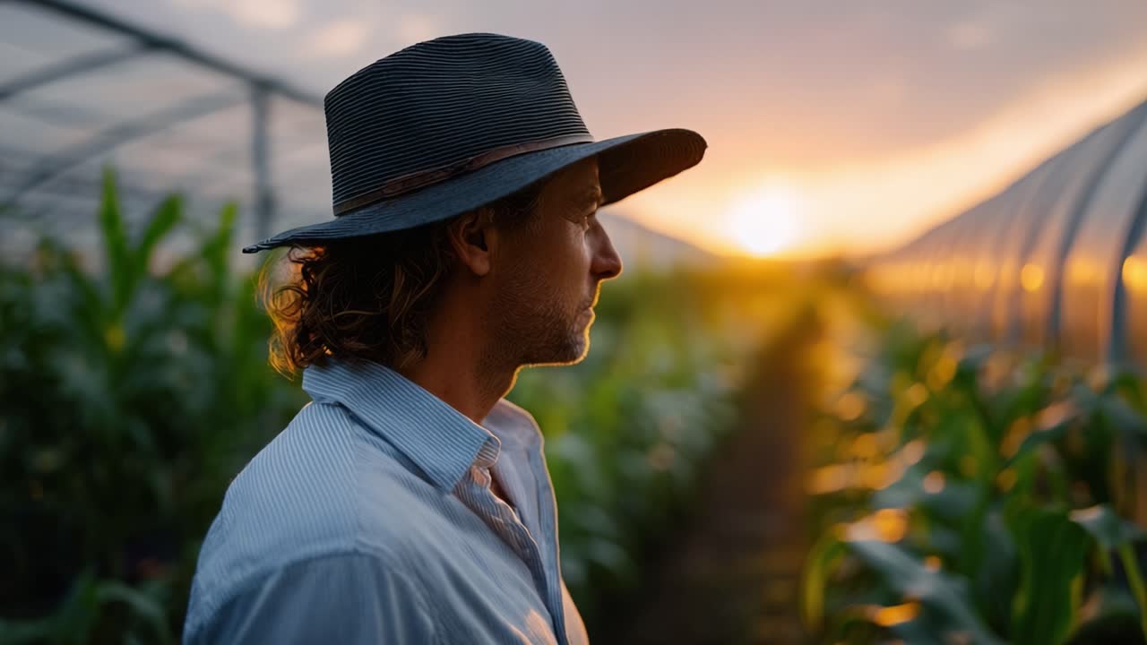 Una Figura Contemplativa Si Trova in una Serra Rigogliosa al Tramonto, Immersa in una Luce Calda, Circondata da Colture Floride e Vegetazione Vibrante, Incarnando Serenità e Natura