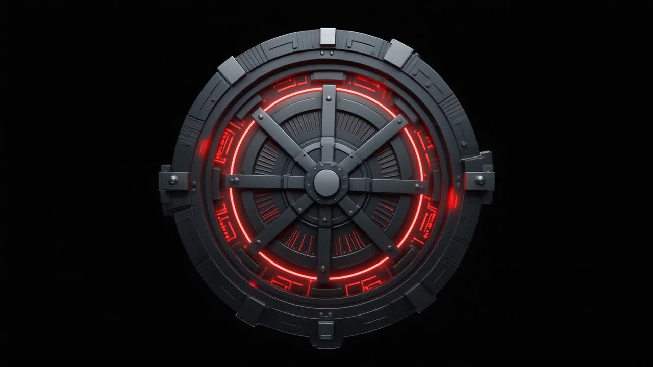 Futurystyczne drzwi skarbca Sci-Fi otwierające się z czerwonymi, świecącymi światłami