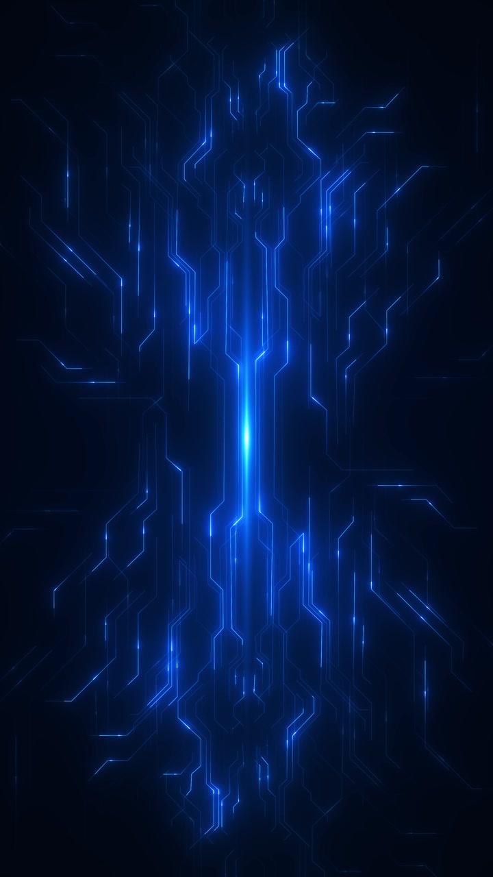 Neonowe niebieskie ścieżki technologiczne z jasnym centralnym blaskiem, cienkimi liniami obwodów i ciemną cyfrową przestrzenią – idealne.