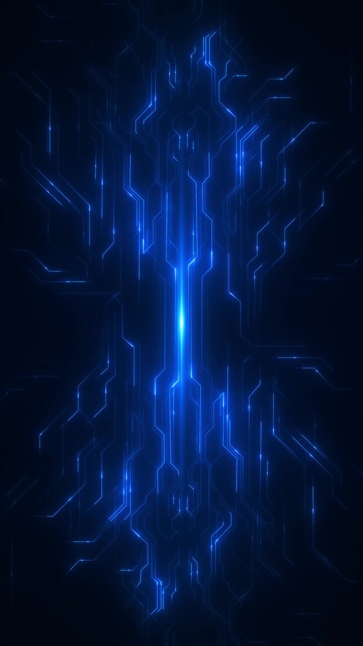 Percorsi tecnologici blu neon che incontrano un bagliore centrale luminoso, linee di circuito sottili e uno spazio digitale scuro perfetto.