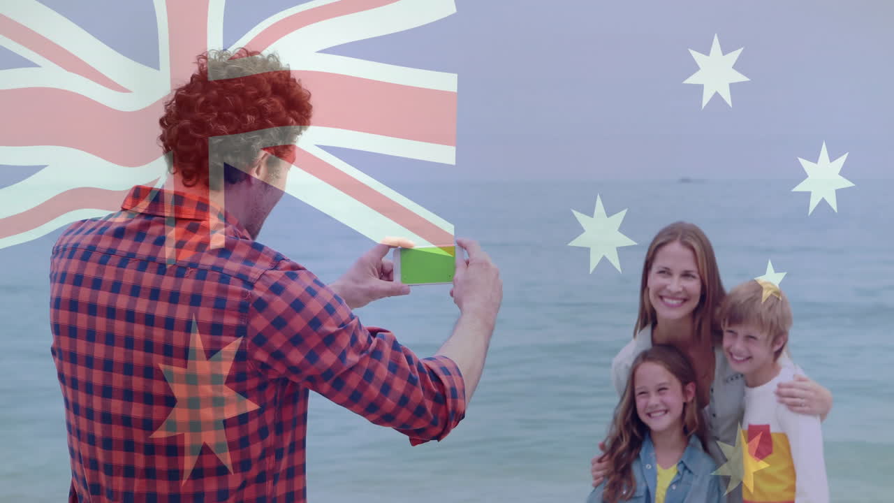 해변에서 웃는 가족의 사진을 찍고, 오스트레일리아 발 애니메이션이 장면 위에