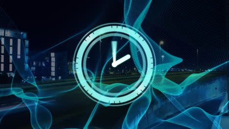 animación de un reloj que se mueve rápidamente sobre el tráfico vial en movimiento rápido