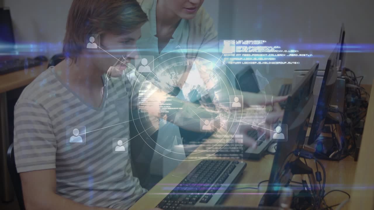 Animation of network of connections over happy caucasian man using computer