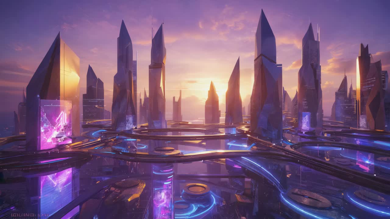 해가 지는 미래의 도시 풍경