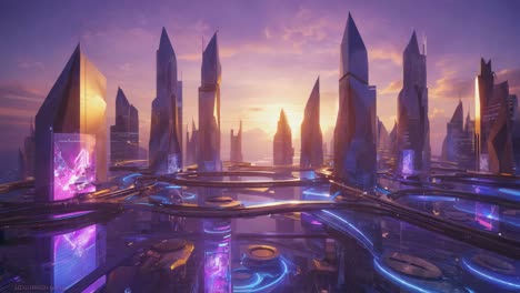 paisaje urbano futurista al atardecer