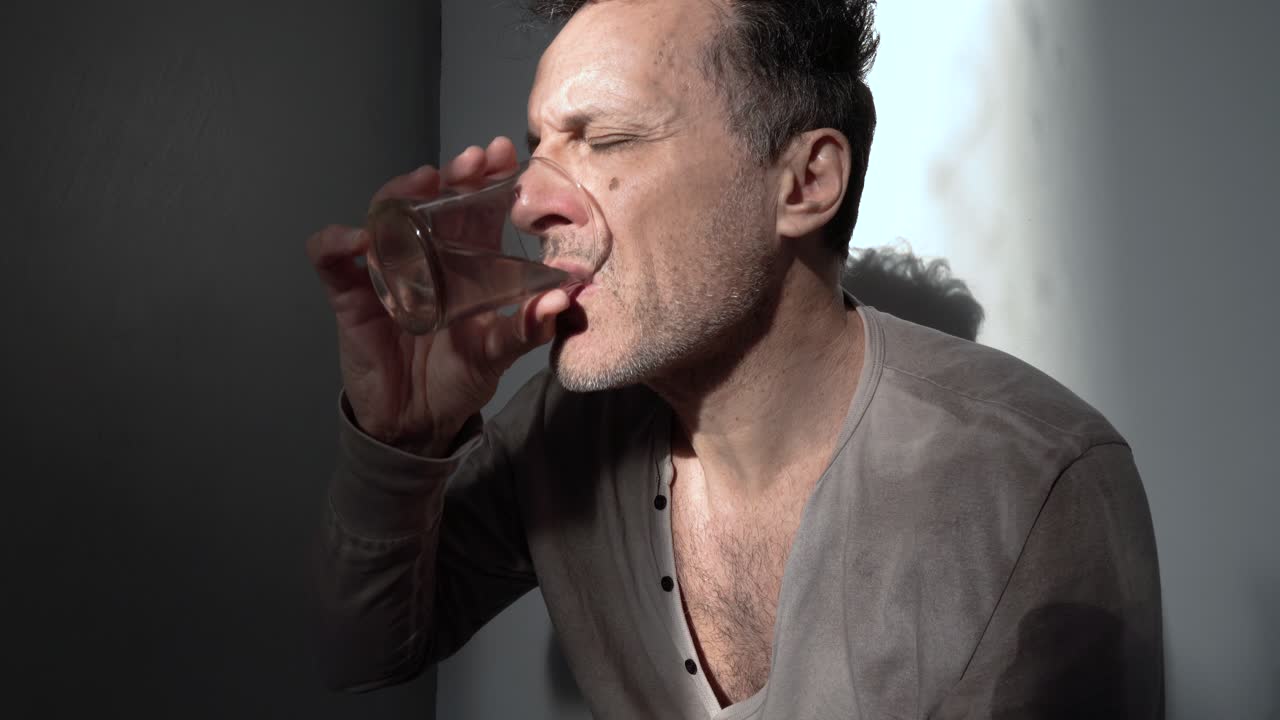 hombre adulto con dolor de cabeza que consume medicamentos antidepresivos con un vaso de agua