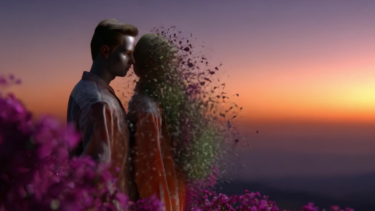 Ett Fridfullt Par Står Tillsammans Bland Blommande Blommor vid Solnedgången, Fångar Naturens och Samhörighetens Skönhet i ett Fascinerande Ögonblick av Lugn
