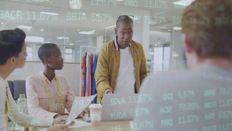 animation of financial data and graphs over diverse female and male coworkers in office