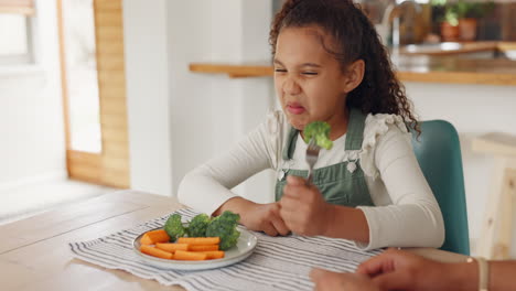 madre enojada, niño o niña con verduras