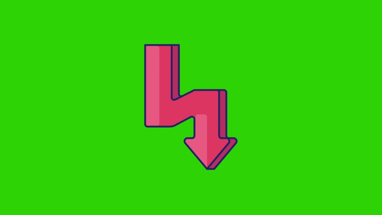 video en 4k de la señal de flecha rosada de dibujos animados en fondo verde.