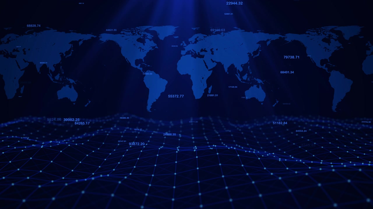 Digital World Map with Data Visualization and Abstract Network Grid