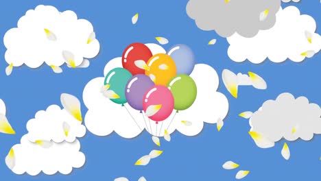 White-petals-moving-against-bunch-of-balloons-in-blue-sky