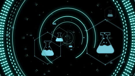 Animation-of-scope-scannig-and-data-processing-with-beaker-icons-on-black-background