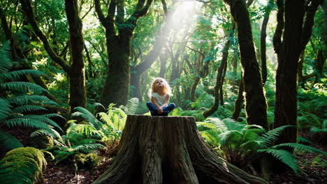 child in a serene forest bathed in sunlight