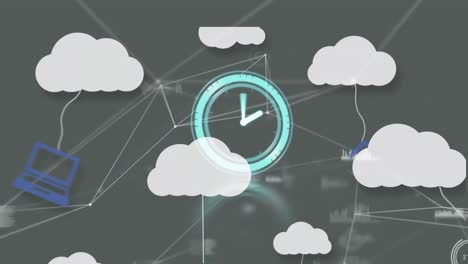 animation of clock moving fast over digital clouds with electronic devices on grey background