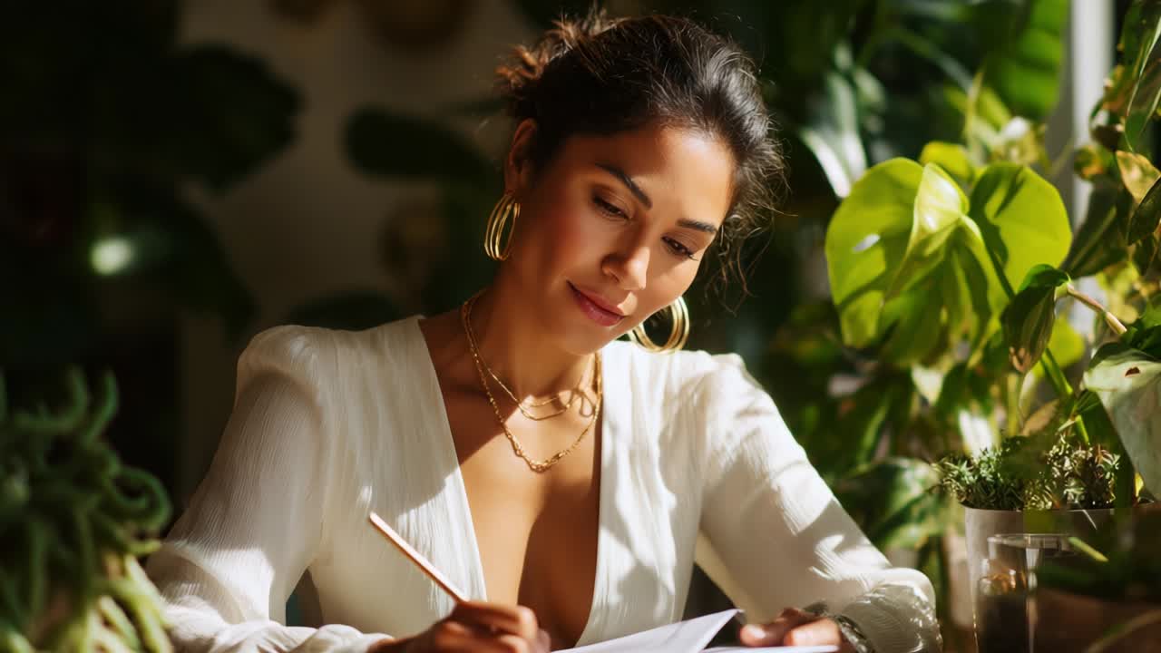 Una donna riflessiva impegnata nella scrittura creativa immersa nel verde lussureggiante, che enfatizza la luce naturale e l'introspezione, mettendo in mostra la bellezza della riflessione personale e uno spazio interno accogliente