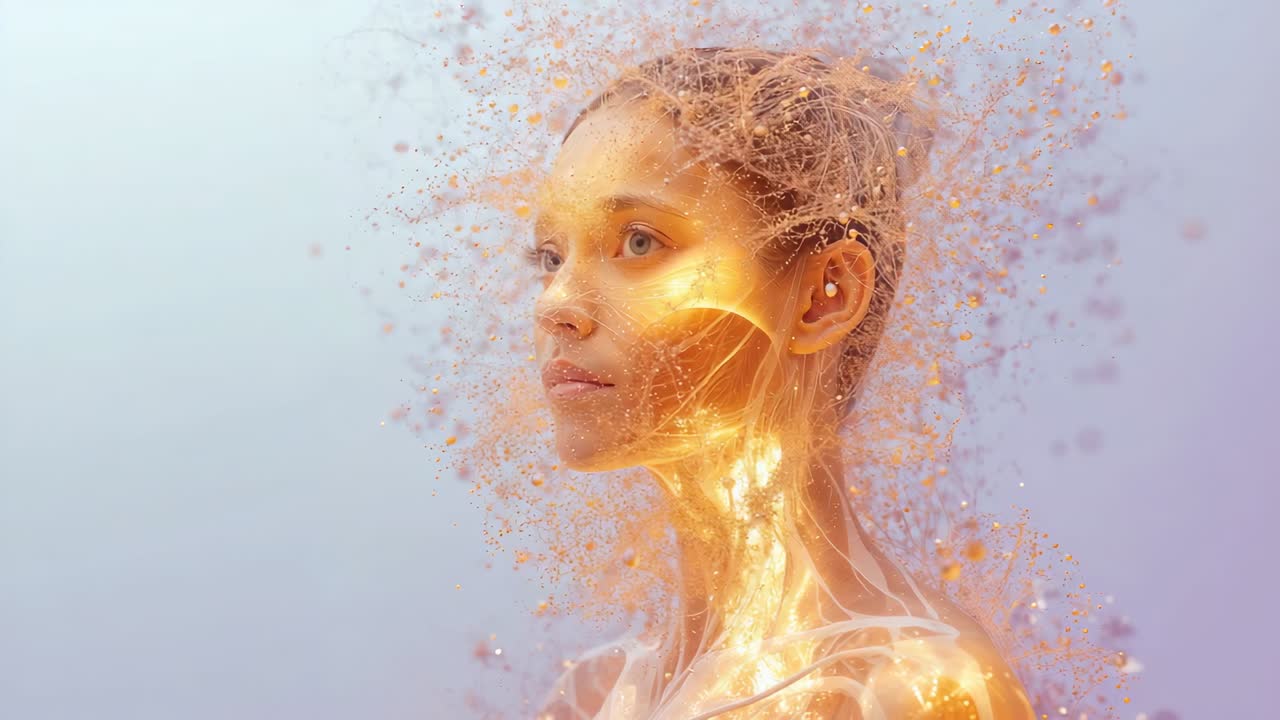 Soggetto femminile in posa con spalline bianche in un set fotografico, con una debole nuvola che inizia a formarsi e filamenti luminosi.