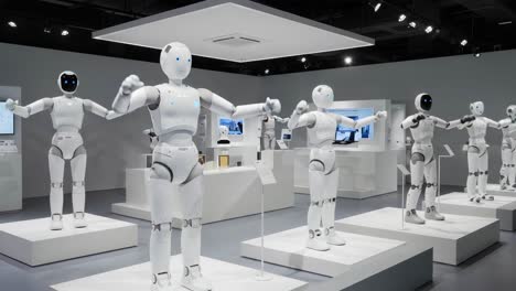 a display of advanced robotics: an exhibition featuring cutting-edge humanoid robots showcasing innovations in technology and design in a modern space